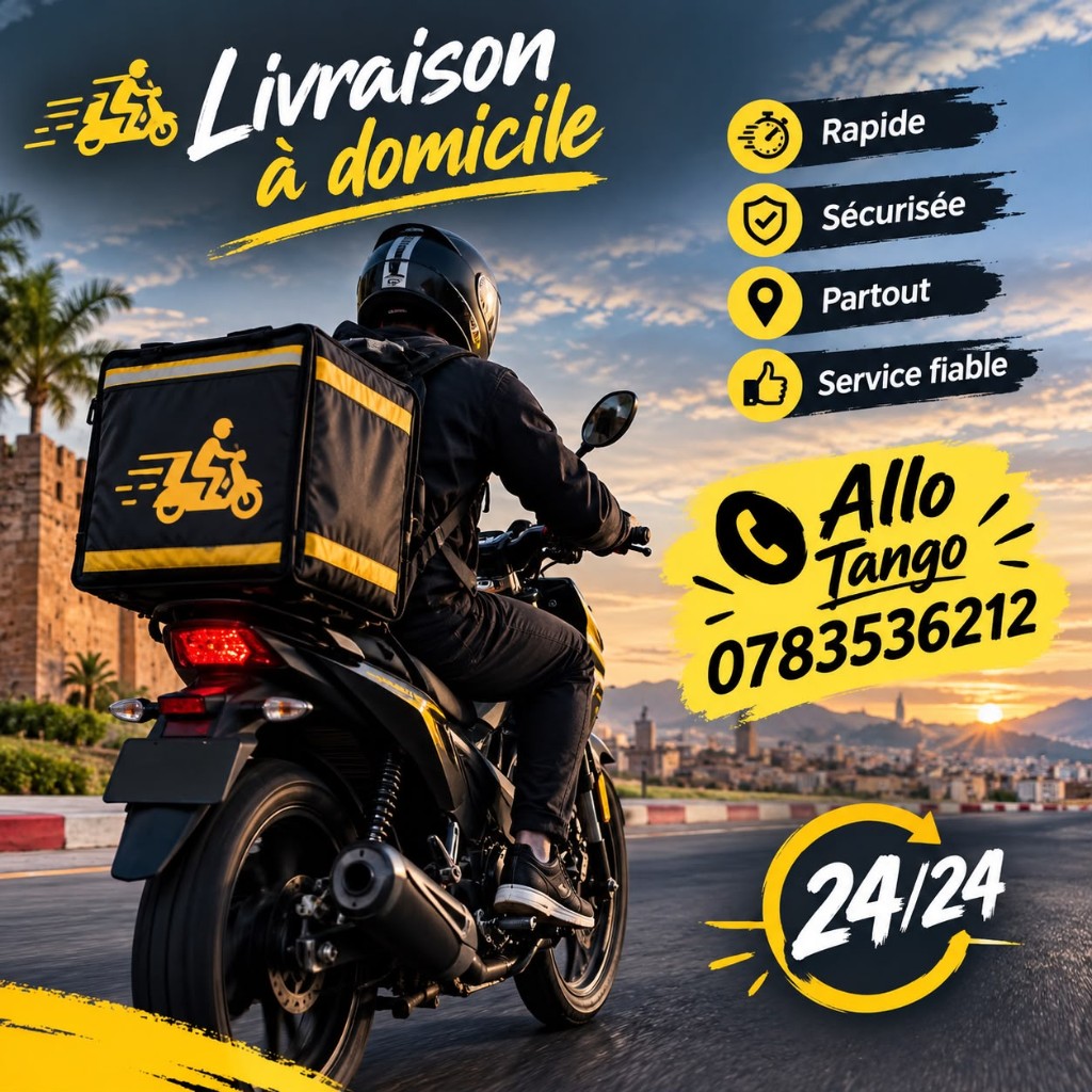 Coursier Allo Tango à moto, sac de livraison noir et jaune, au coucher du soleil.